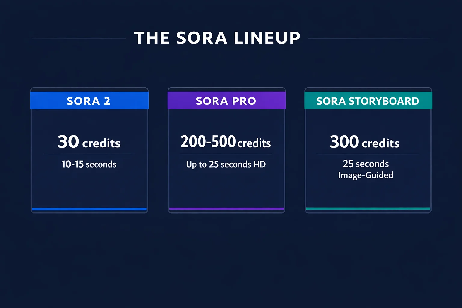 Visual overview of three OpenAI Sora model tiers: Sora 2, Sora Pro, and Sora Storyboard