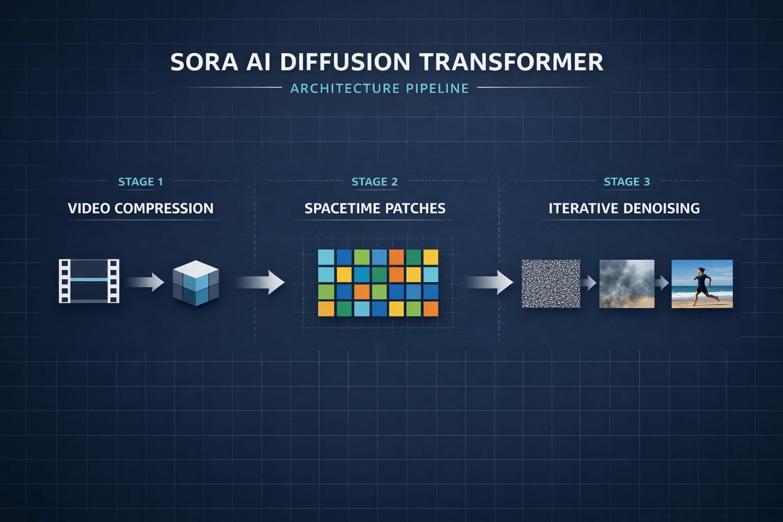 Diagram illustrating Sora's Diffusion Transformer architecture showing video compression, latent patches, CLIP conditioning, and iterative denoising