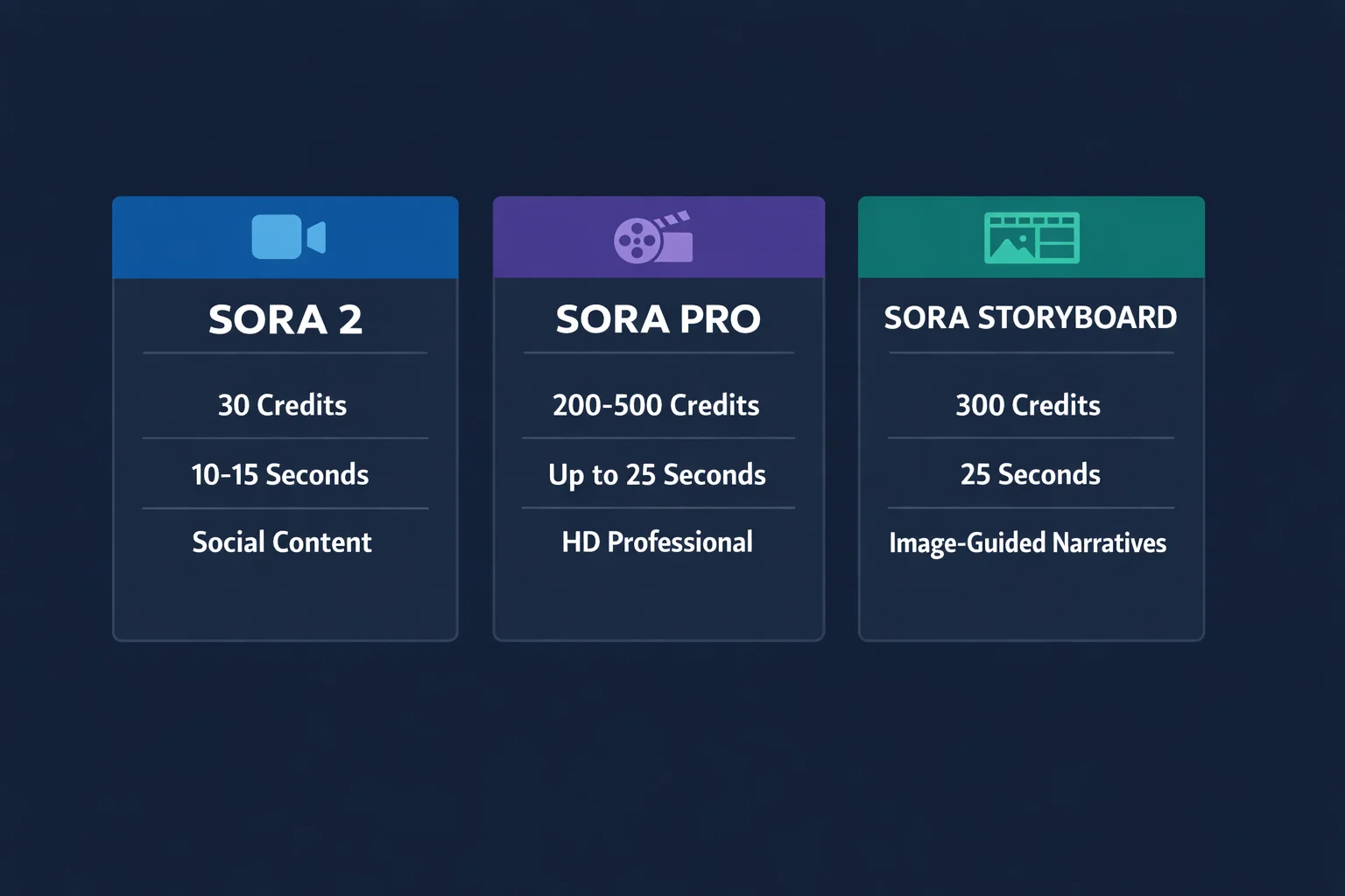 Visual comparison of three Sora AI models showing Sora 2 for social content, Sora Pro for professional HD, and Sora Storyboard for image-guided narratives