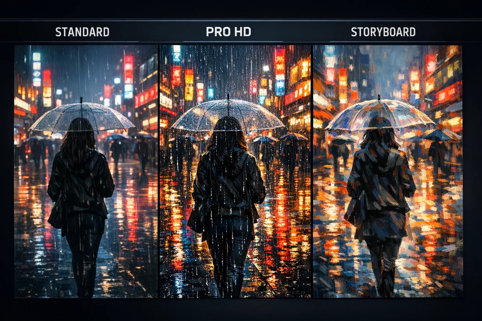 Side-by-side comparison of Sora 2, Sora Pro, and Sora Storyboard video outputs showing quality and style differences across the three models