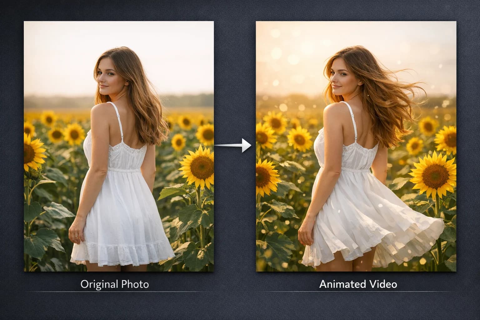 Image-to-video transformation showing an original still photo alongside the animated video output preserving visual style and composition